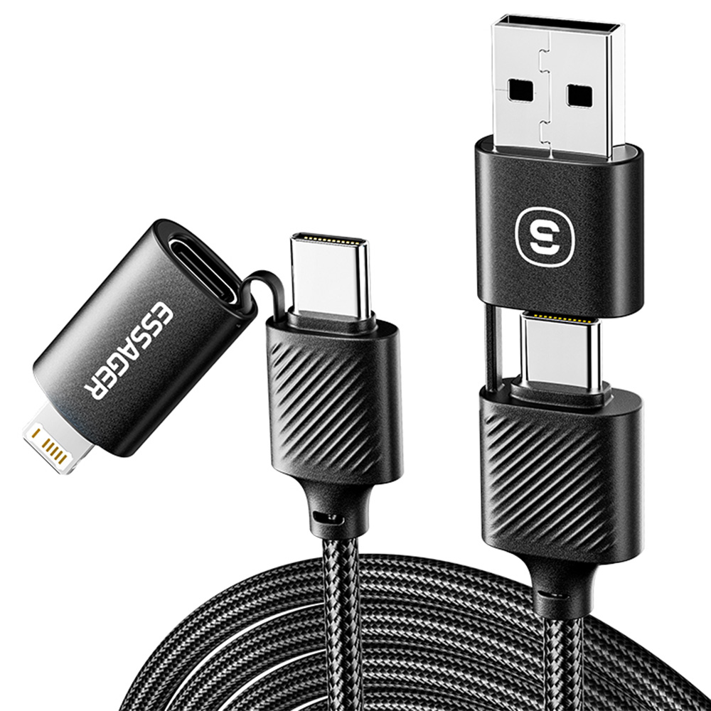 

ESSAGER 65W 4 in 1 Charging Cable, USB-A/Type-C to Type-C/Lightning, 4 Charging Modes, 3A, USB2.0 480Mbps - Black