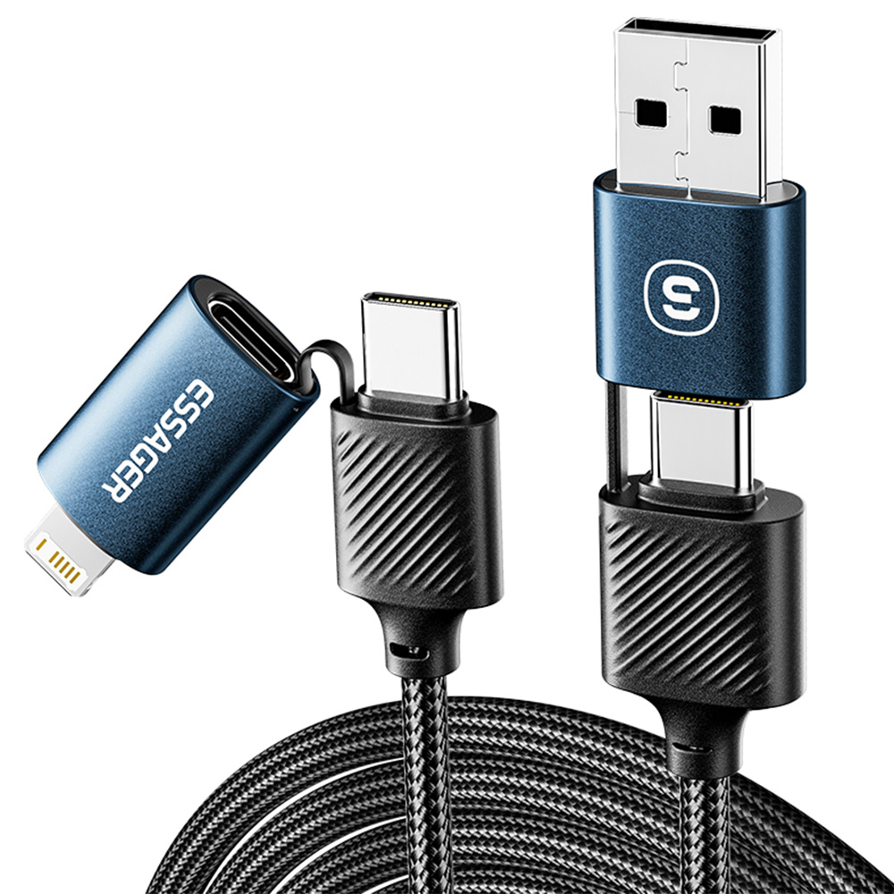 

ESSAGER 65W 4 in 1 Charging Cable, USB-A/Type-C to Type-C/Lightning, 4 Charging Modes, 3A, USB2.0 480Mbps - Blue