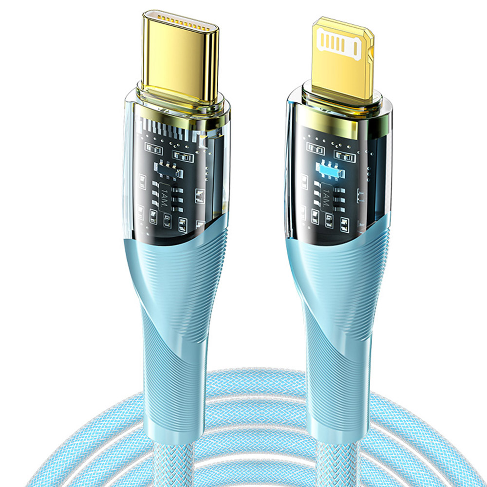 

ESSAGER PD 30W Type C to Lightning Charging Cable with LED Light, Transparent Design, USB2.0 480Mbps, Fishnet Thread Weaving, 1m - Blue