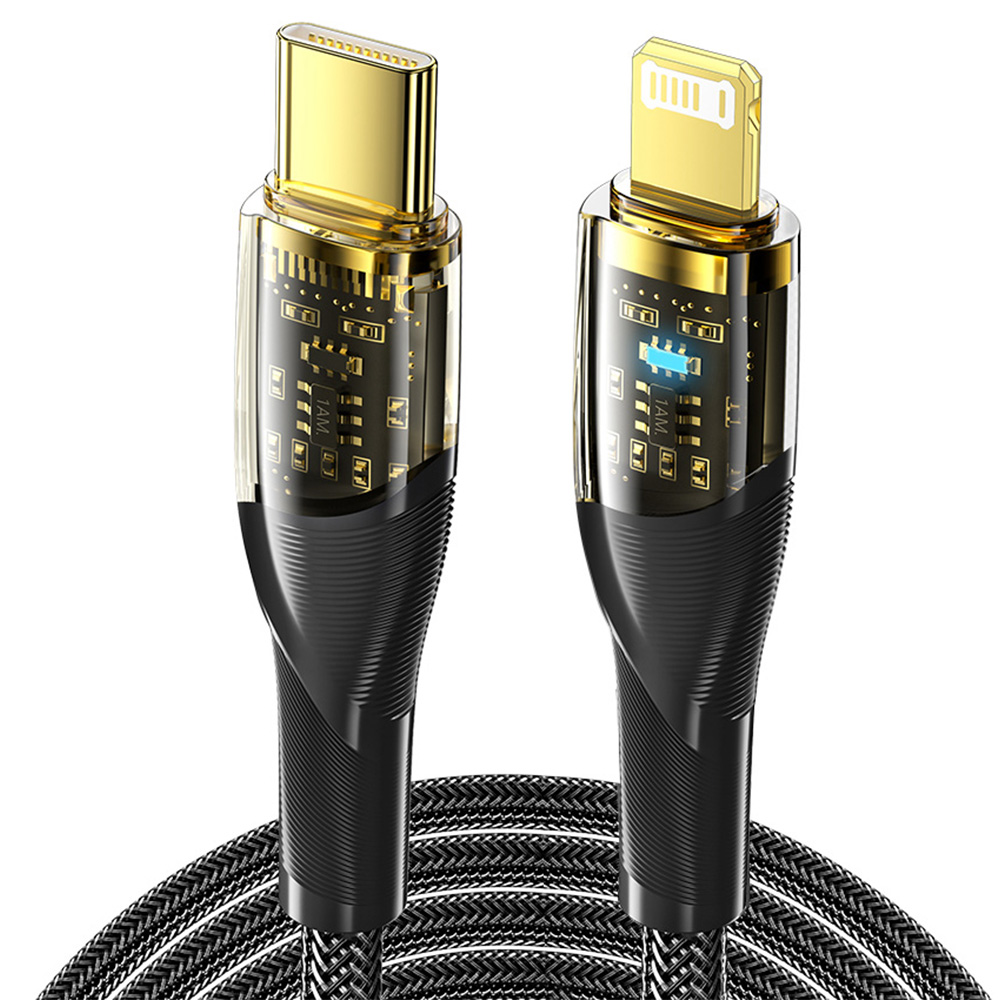 

ESSAGER PD 30W Type C to Lightning Charging Cable with LED Light, Transparent Design, USB2.0 480Mbps, Fishnet Thread Weaving, 2m - Black