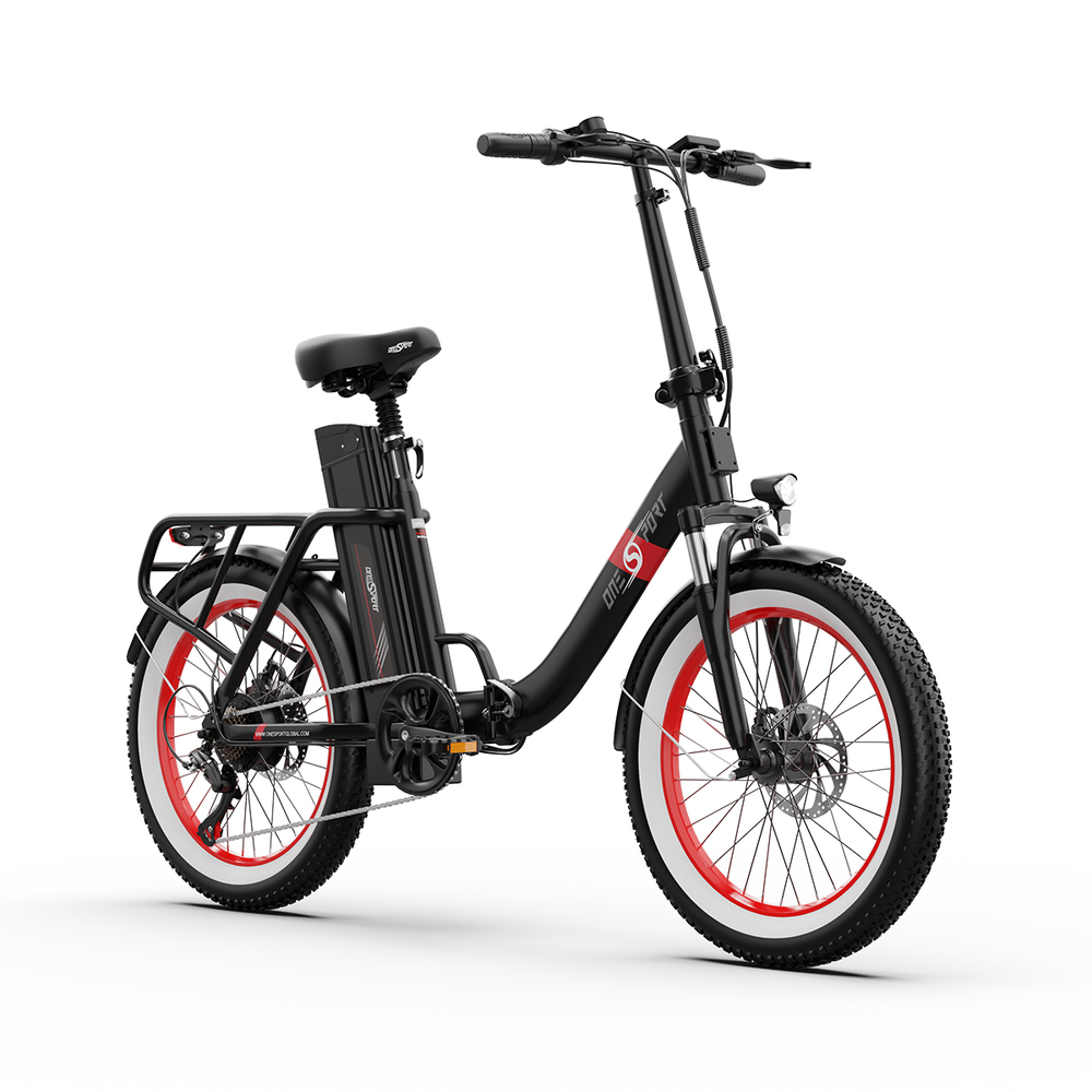 

ONESPORT OT16 Upgraded Edition Electric Bike 20*3.0 inch Tires, 350W Motor 48V 15Ah Battery 25km/h Max Speed Disc Brakes - Black&Red