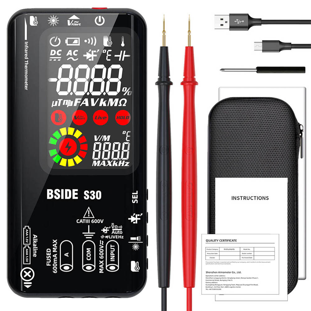 

BSIDE S30 Digital Multimeter, Infrared Thermometer, True RMS 9999 Counts, DC AC Voltage Current 15V Diode Capacitor, Ohm NCV Rechargeable Tester - Black