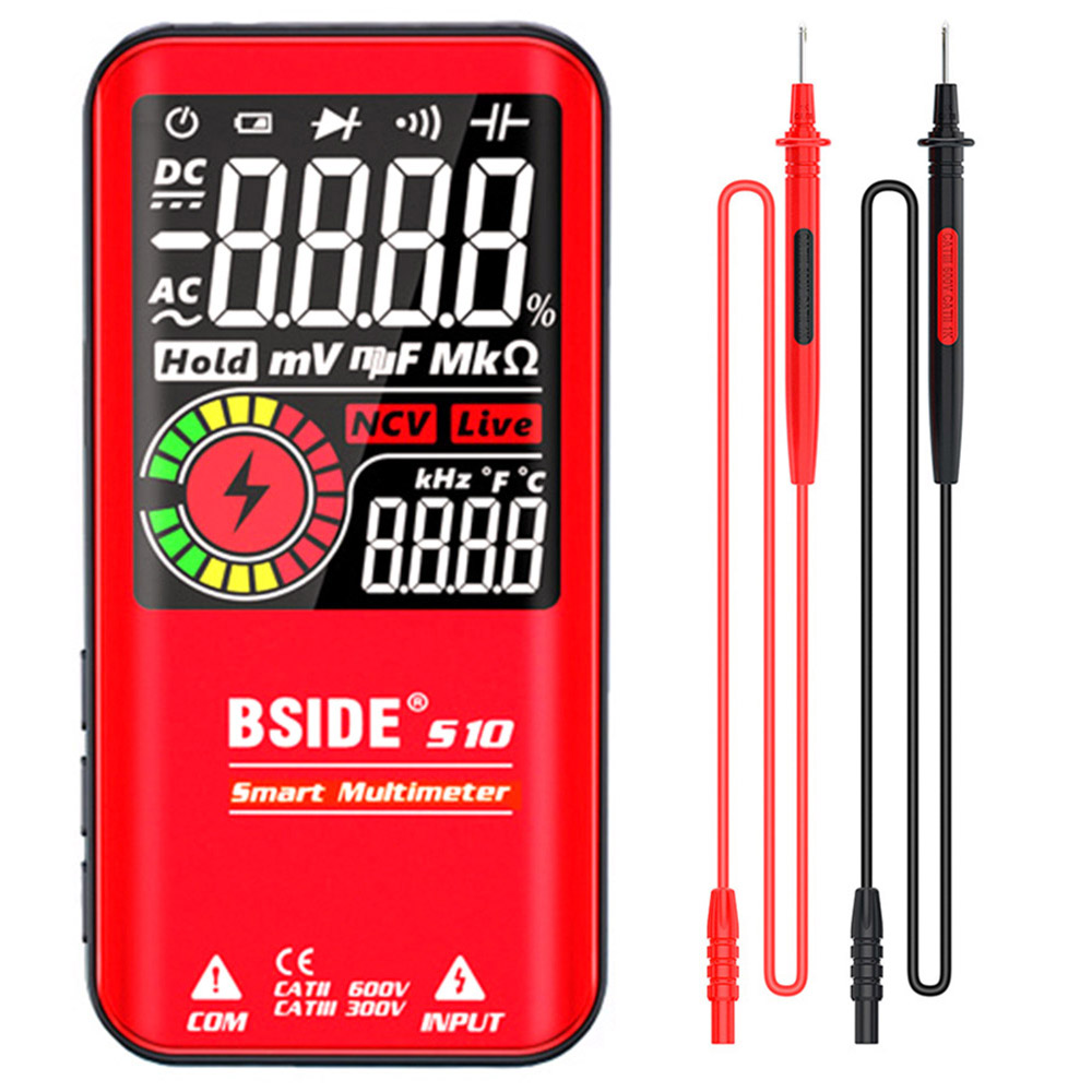 

BSIDE S10 Smart Digital Multimeter, 3.5' Color LCD Screen, 9999 Counts, DC AC Voltage Capacitor Ohm Diode Tester, Red - without Battery