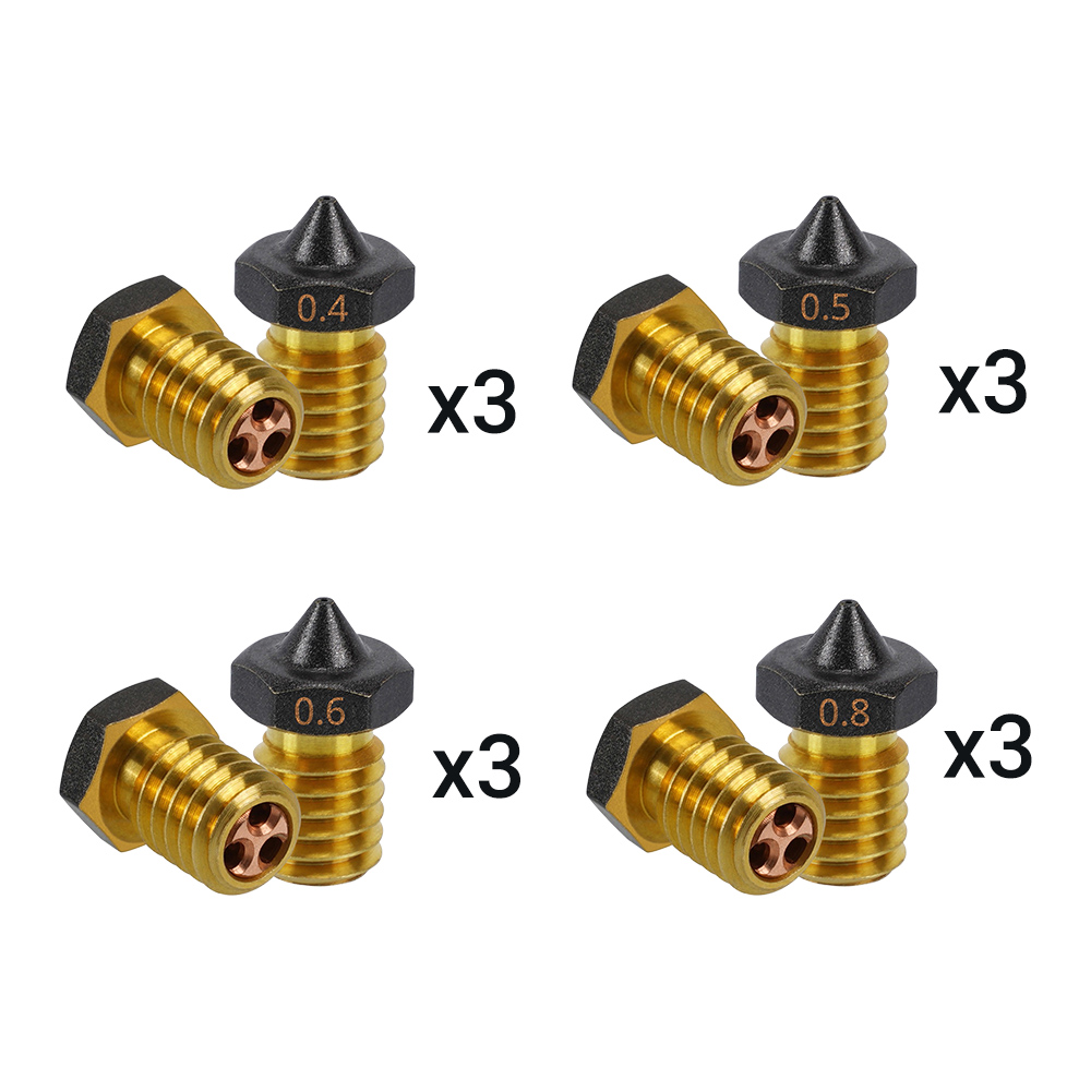 

12pcs TWO TREES E3D CHT Nozzle with PTFE Coating (0.4mm 3pcs, 0.5mm 3pcs, 0.6mm 3pcs, 0.8mm 3pcs)