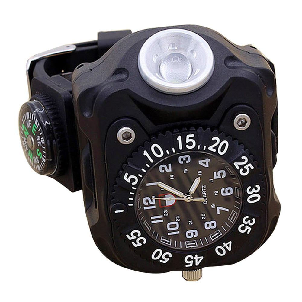 

LED Light Wrist Strap Waterproof Watch with Compass, Adjustable 5 Brightness Levels, USB Charging, Black