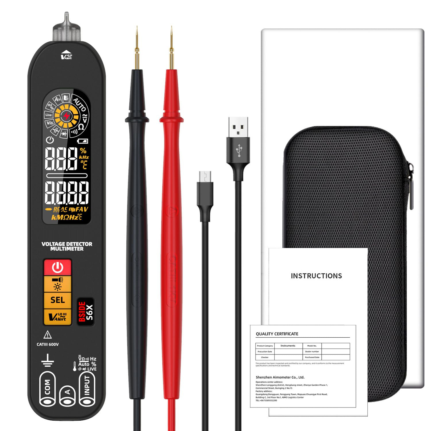 

BSIDE S6X Intelligent Multimeter, EBTN Color Screen, Pen Type Voltage Current Capacitance Nai Multimeter, Rechargeable 400mAh Li-ion Battery, Black