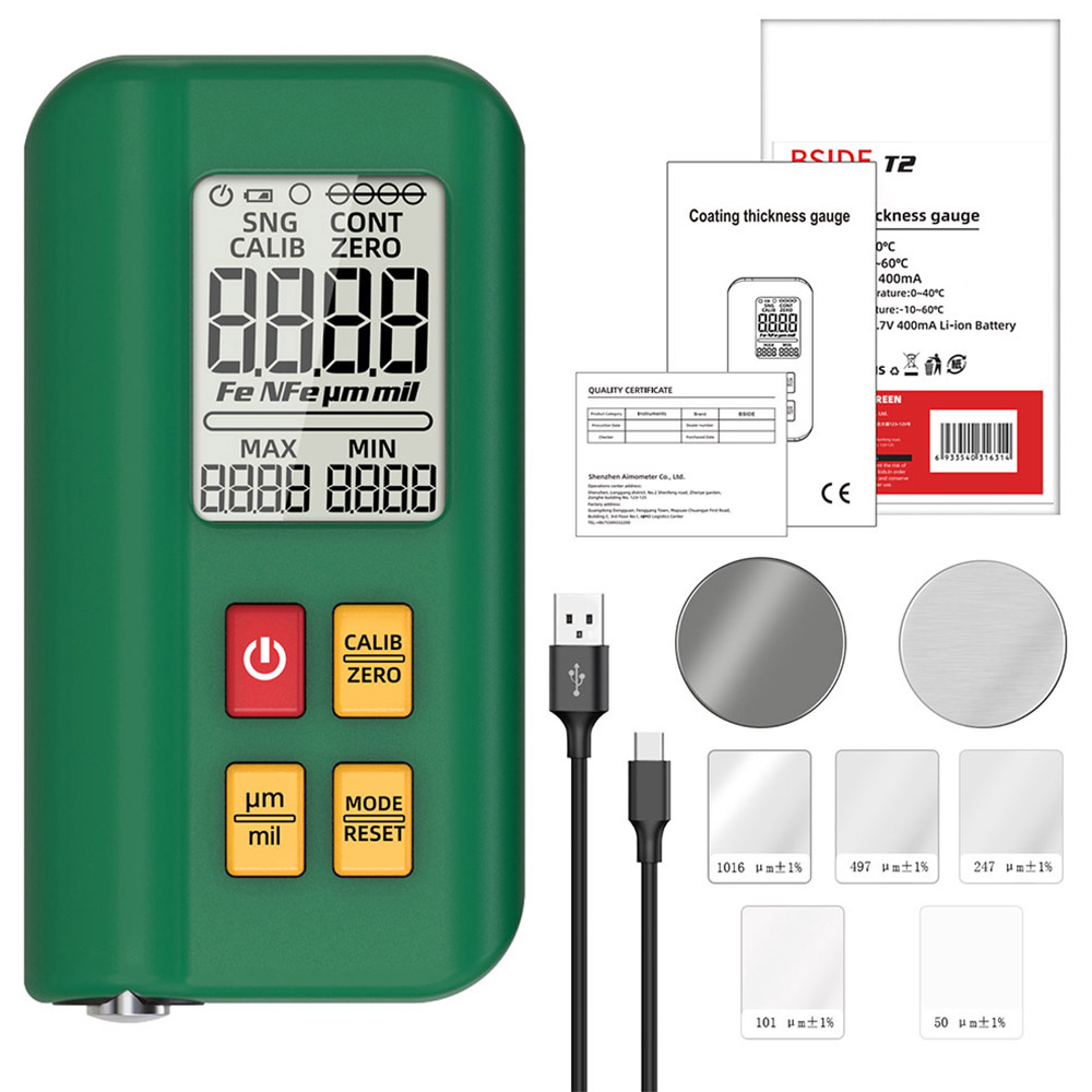 

BSIDE T2 Coating Thickness Gauge, Car Paint Meter, 0-1500μm Used, 3 Results Display, Rechargeable 400mAh Li-ion Battery - Green
