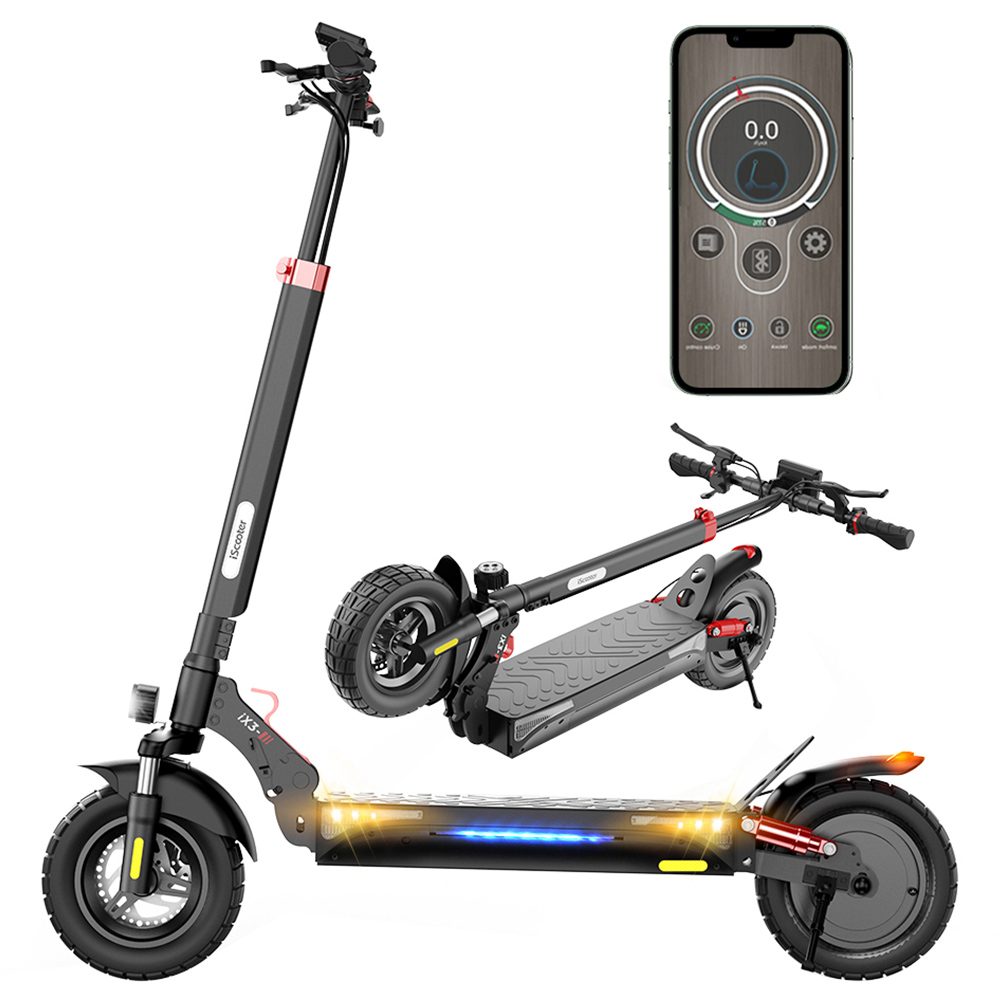 

iScooter iX3 Folding Electric Scooter, 10" Off Road Pneumatic Tubeless Tires, 800W Motor, 10Ah Battery, 40km/h Max Speed, 40km Max Range, Adjustable Handlebar Height, App Control - Black