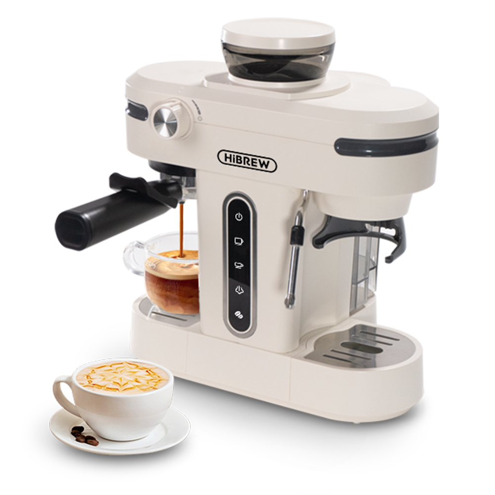 HiBREW H14 Espresso Coffee Machine, 20 Bar High Pressure, 15-gear Grinder Setting, Pre-brew Function, NTC Temperature Control, Cup Capacity Setting - Beige