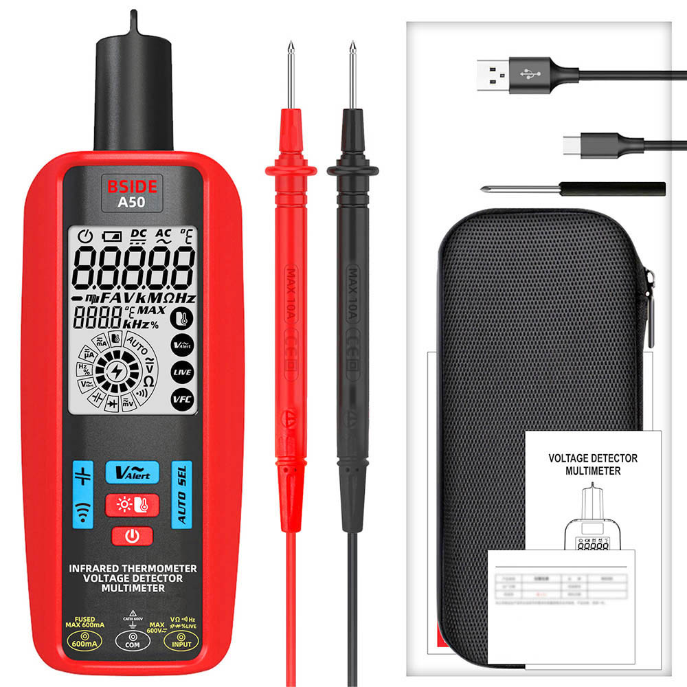 

BSIDE A50 Digital Multimeter, 6000 Count, Electrical Test Pen, Leakage Tester, Voltage/Current/Capacitance/Resistance Tester, Red