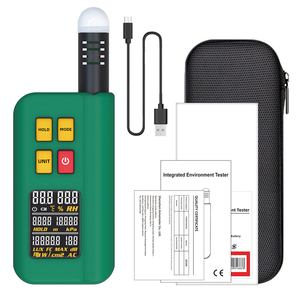 BSIDE GX1 4 in 1 Comprehensive Tester, Ambient/Temperature Humidity/Light Noise/Altitude Tester, with Decibel, A & C Weighted Test Functions - Green