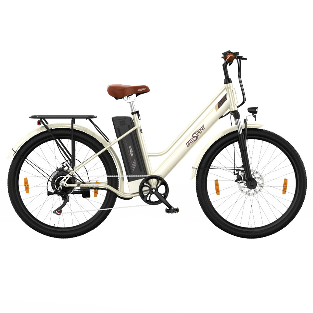 

ONESPORT OT18 City Electric Bike, 26*2.35 inch wide Tires, 250W Motor 25km/h, 36V 14.4Ah Big Battery up to 100km Max Range, Shimano 7-speed, Front Shock-absorbing fork, 25 Degree Climbing Bluetooth APP - White