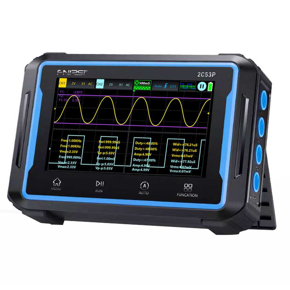 

FNIRSI 2C53P Portable Digital Oscilloscope Multimeter, Signal Generator, 4.3inch IPS Touch Screen, 3 in 1 2 Channel 50MHz, 250Ms/S, 19999 Counts - Blue