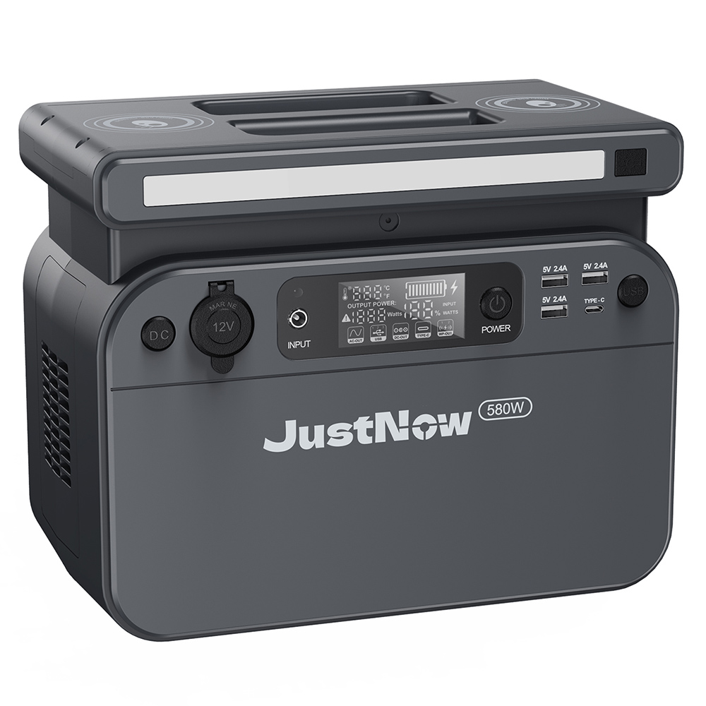 JustNow 500W Portable Power Station, 518Wh LiFePO4 Battery, with AC/Car Port/USB Output, LCD Display, Dual 10W Wireless Charging, Gray