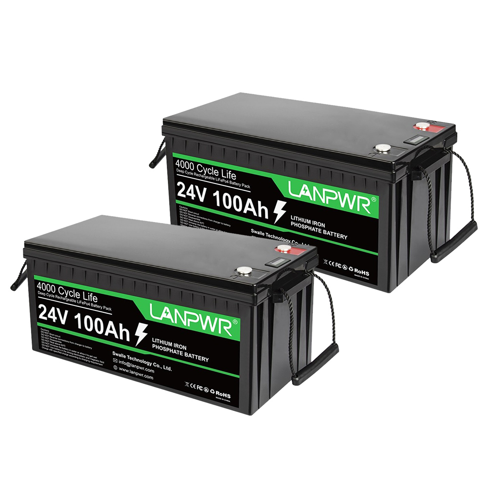 

2Pcs LANPWR 24V 100Ah LiFePO4 Battery Pack Backup Power, 2560Wh Energy, 4000+ Deep Cycles, Built-in 100A BMS, Support in Series/Parallel, Perfect for Off-Grid, RV, Camper, Solar System, Electric Boat