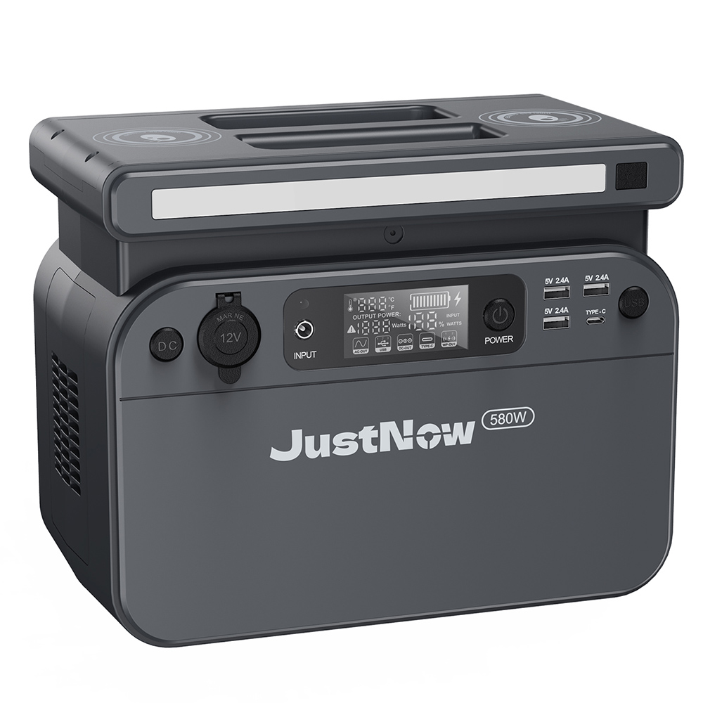 

JustNow 500W Portable Power Station, 518Wh LiFePO4 Battery, with AC/Car Port/USB Output, LCD Display, Dual 15W Wireless Charging, 3500+ Circles, Gray, Grey