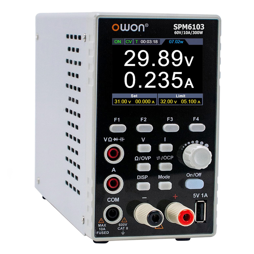 

OWON SPM6103 DC Power Supply with Multimeter, 60V/10A Output Range, 300W Power, 10mV/1mA Resolution, 2.8-inch TFT LCD, 4 1/2 Digits, Support SCPI - AU Plug