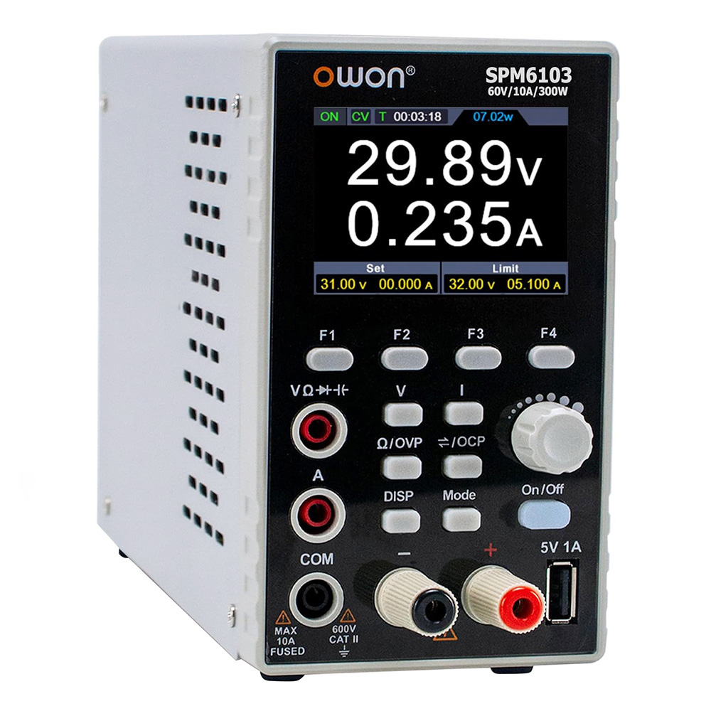 OWON SPM6103 DC Power Supply with Multimeter, 60V/10A Output Range, 300W Power, 10mV/1mA Resolution, 2.8-inch TFT LCD, 4 1/2 Digits, Support SCPI - AU Plug