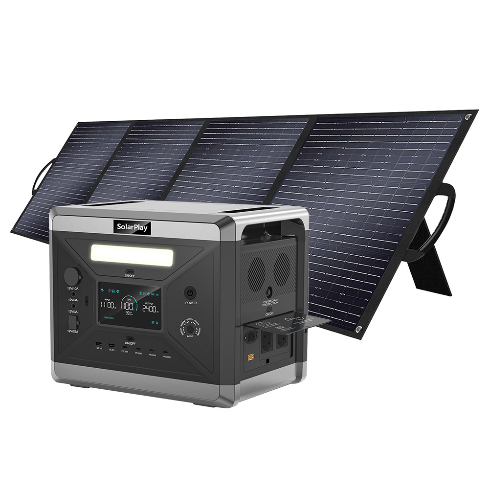 SolarPlay Q2501 Portable Power Station + SolarPlay T200 Solar Panel, 2400W/2160WH Lithium Battery, 12 Output Ports, Fully Charged in 1.5 Hours, 4 Charging Method