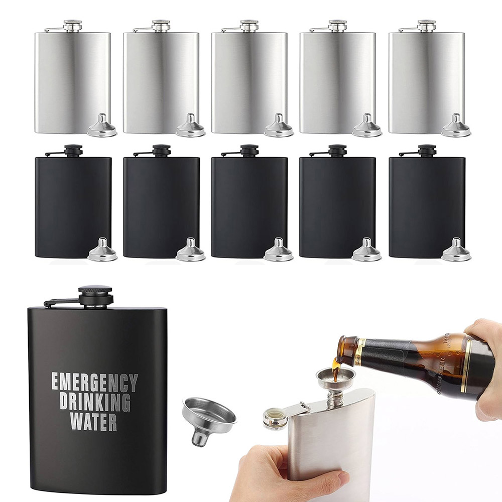 10pcs 8oz Stainless Steel Hip Flasks, with 10 Funnels, for Wedding Parties, Gifts