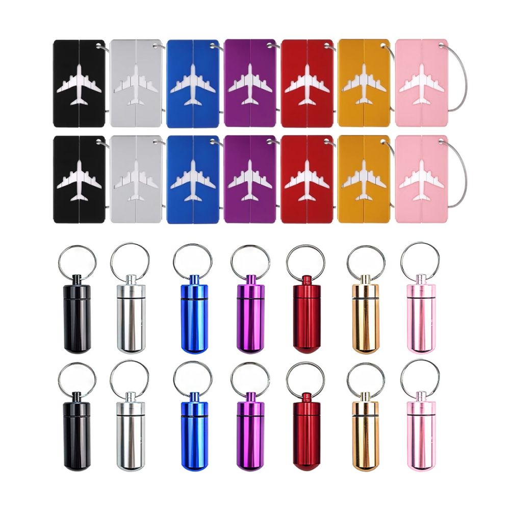 28pcs Metal Luggage Tags and Small Pill Case with Keychain for Outdoor Camping Travel