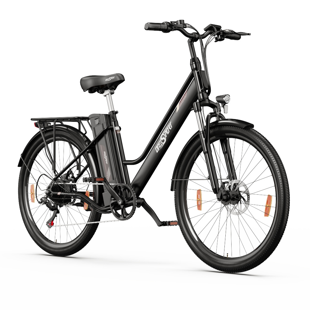 

ONESPORT OT18 City Electric Bike, 26*2.35 inch wide Tires, 250W Motor 25km/h, 36V 14.4Ah Big Battery up to 100km Max Range, Shimano 7-speed, Front Shock-absorbing fork, 25 Degree Climbing Bluetooth APP - Black