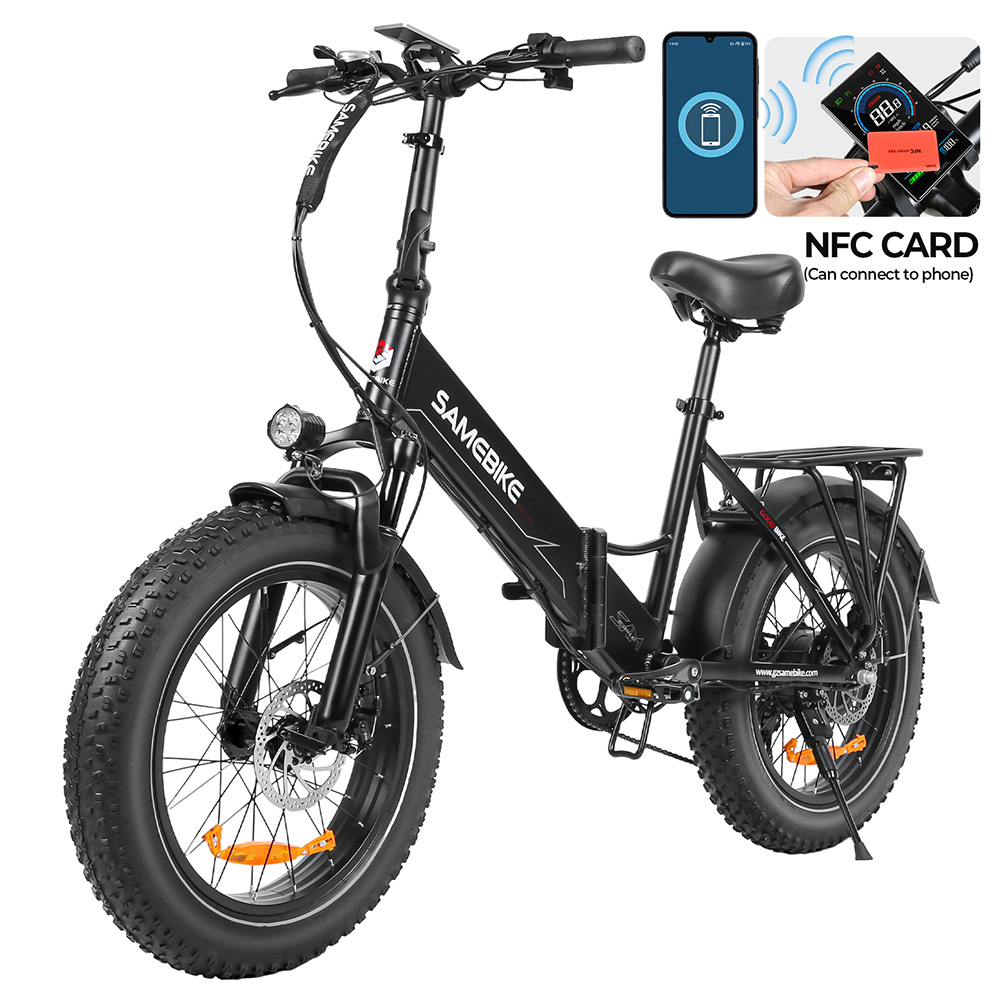 SAMEBIKE LOTDM200-II Folding Electric Bike, 750W Motor, 48V 13Ah Battery, 20*4 Inch Fat Tire, 40km/h Max Speed, 80km Range, Dual Suspension System, Mechanical Disc Brakes, NFC Smart Display, Shimano 7 Speed - Black