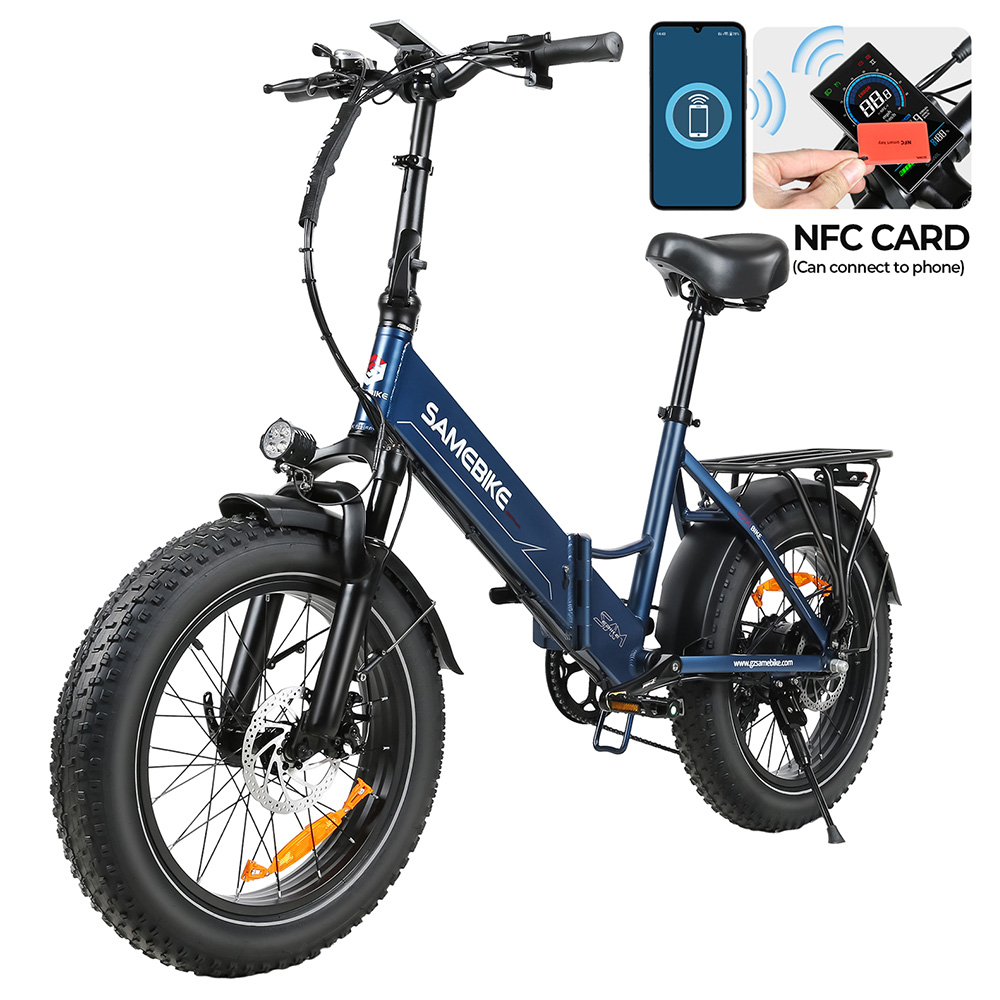 SAMEBIKE LOTDM200-II Folding Electric Bike, 750W Motor, 48V 13Ah Battery, 20*4 Inch Fat Tire, 40km/h Max Speed, 80km Range, Dual Suspension System, Mechanical Disc Brakes, NFC Smart Display, Shimano 7 Speed - Blue