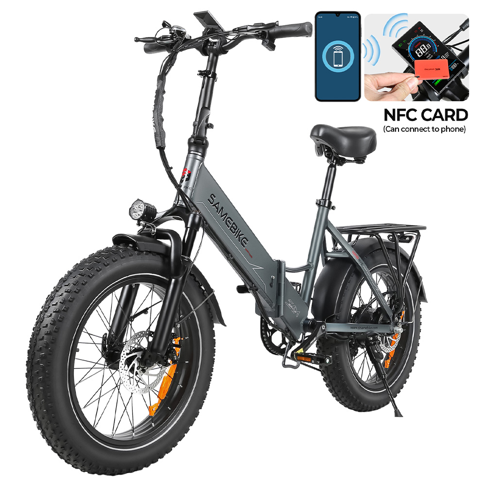 SAMEBIKE LOTDM200-II Folding Electric Bike, 750W Motor, 48V 13Ah Battery, 20*4 Inch Fat Tire, 40km/h Max Speed, 80km Range, Dual Suspension System, Mechanical Disc Brakes, NFC Smart Display, Shimano 7 Speed - Grey