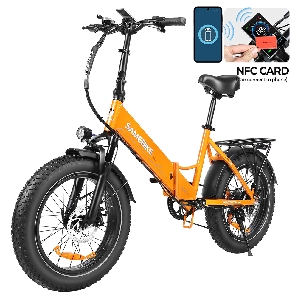 SAMEBIKE LOTDM200-II Folding Electric Bike, 750W Motor, 48V 13Ah Battery, 20*4 Inch Fat Tire, 40km/h Max Speed, 80km Range, Dual Suspension System, Mechanical Disc Brakes, NFC Smart Display, Shimano 7 Speed - Orange