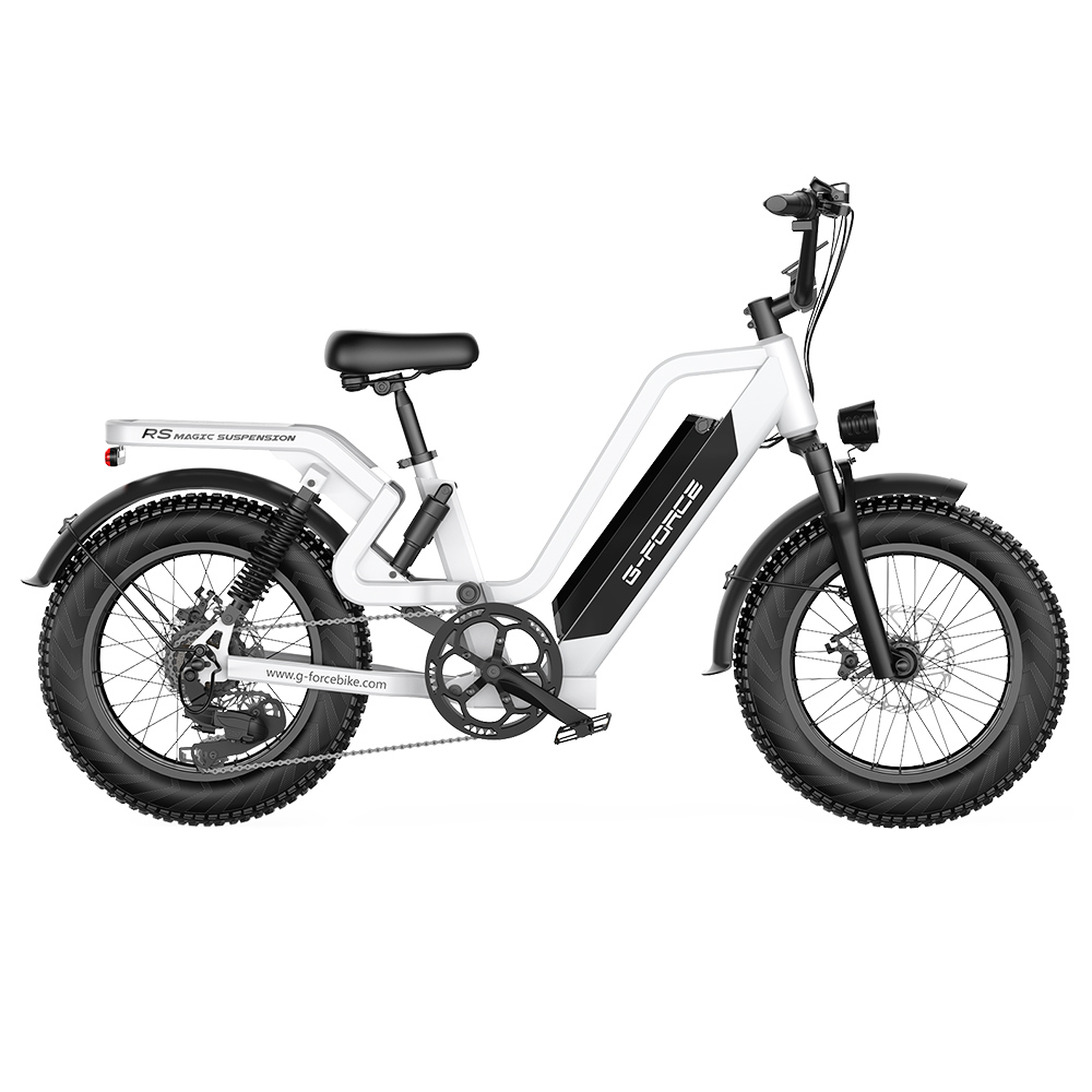 G-FORCE RS ST Electric Bike, 750W Motor, 48V 15.6Ah Battery, 20*4-inch Fat Tires, 50km/h Max Speed, 96km Max Range, Shimano 7-speed, Hydraulic Disc Brakes, Rear Suspension System, Adjustable Front Fork - White