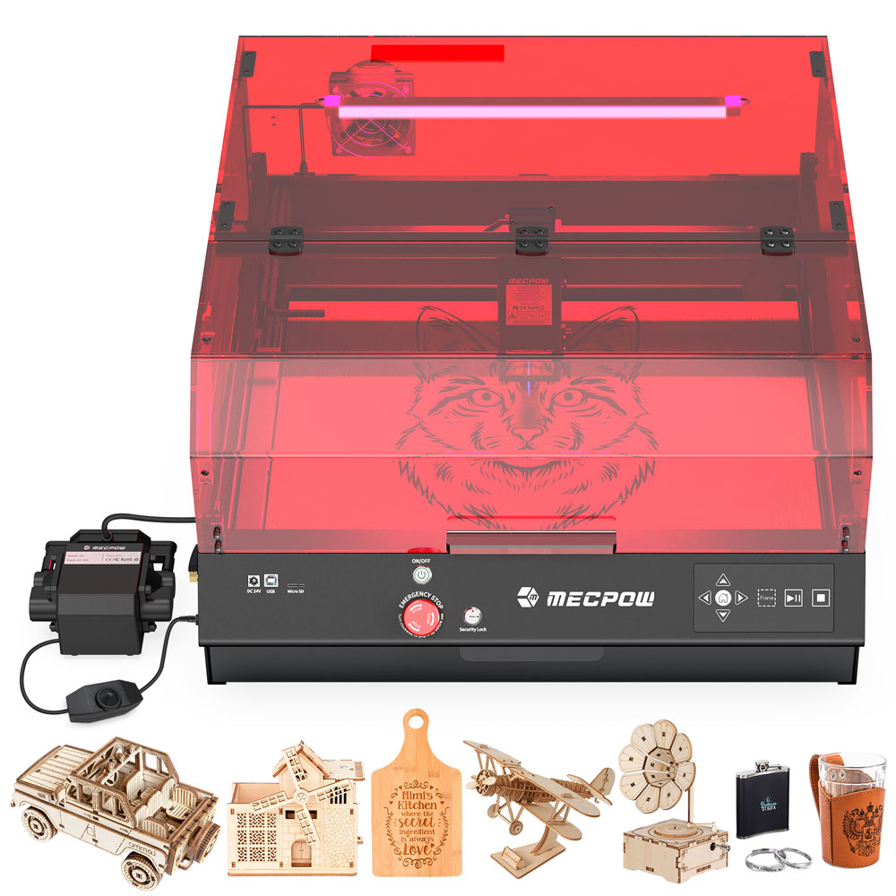 Mecpow X4 Pro 22W Laser Engraver Cutter, with Protective Cover & Integrated Air Assist, 0.08x0.1mm Laser Spot, 22000mm/min Engraving Speed, Emergency Stop, Offline Work, Support LightBurn/ LaserGRBL/ MKSLaser, 410*400mm