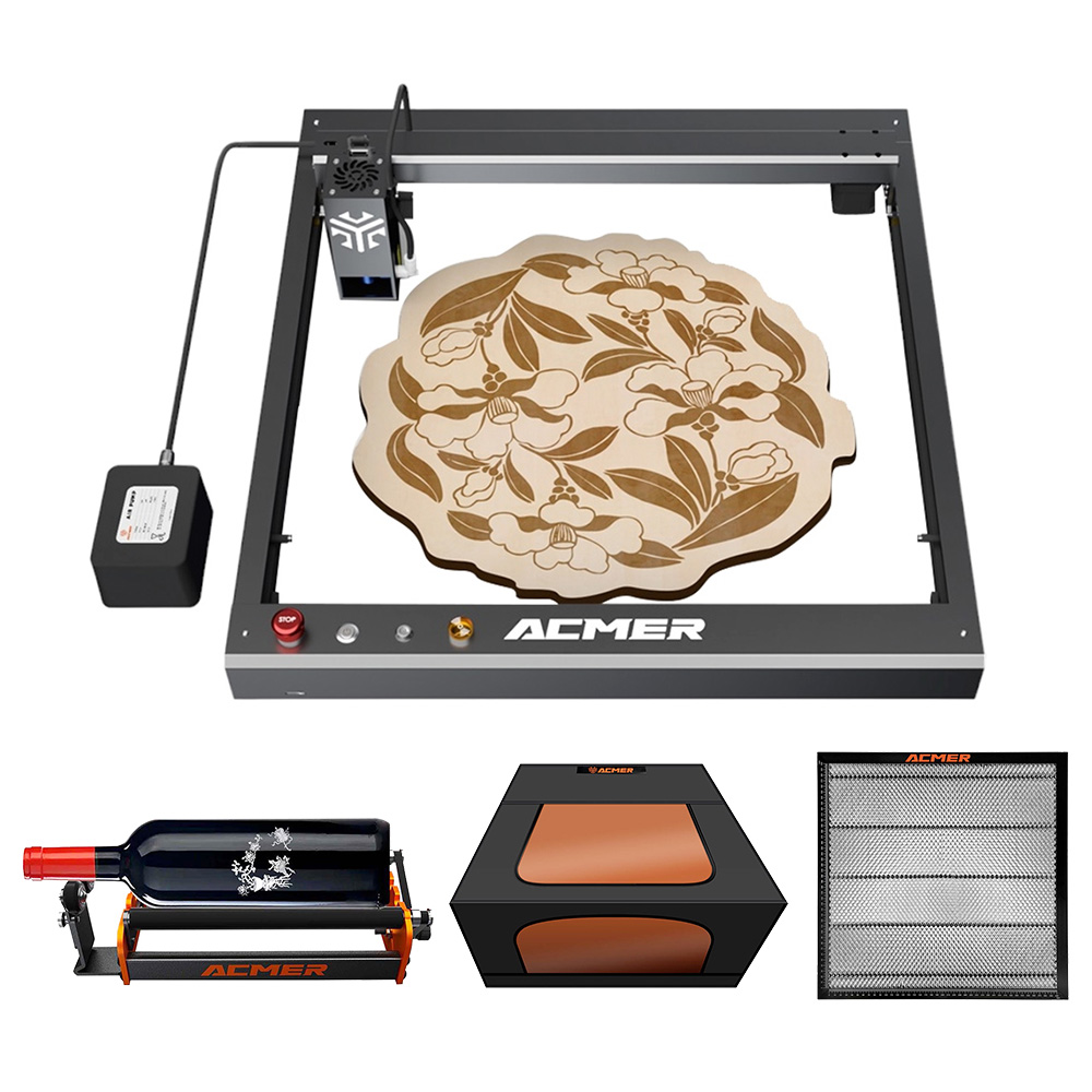 ACMER P2 20W Laser Engraver + M2 Rotary Roller + R10 Fireproof Enclosure + E10 Laser Bed