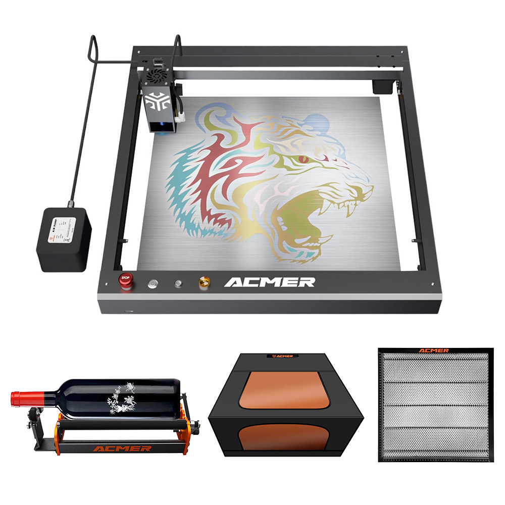 ACMER P2 33W Laser Engraver + M2 Rotary Roller + E10 Laser Bed + R10 Fireproof Enclosure