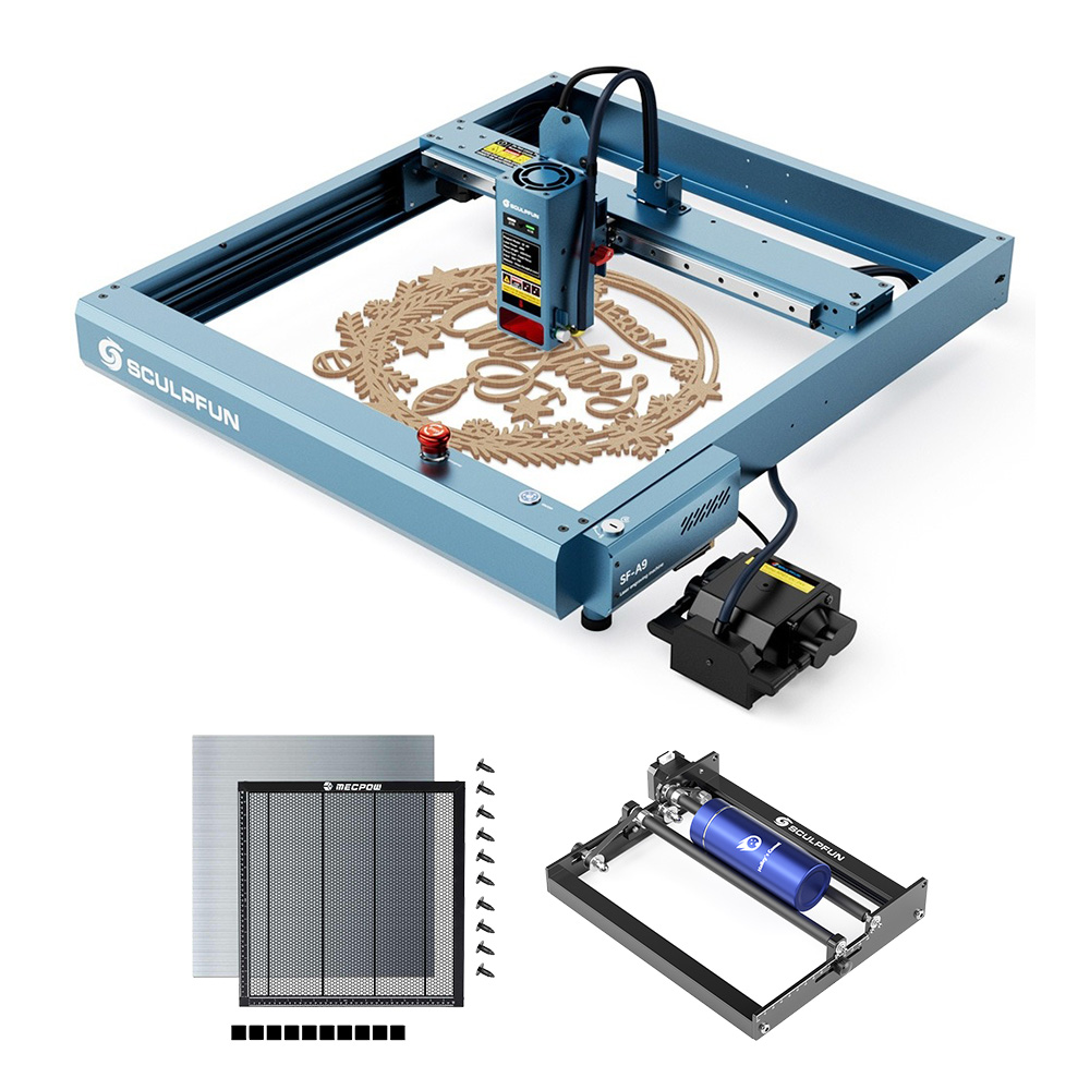 SCULPFUN SF-A9 20W Laser Cutter + Rotary Roller + Laser Bed