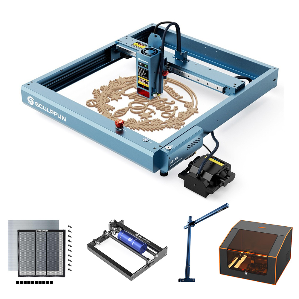 SCULPFUN SF-A9 20W Laser Cutter + Rotary Roller + Laser Bed + Camera + Fireproof Enclosure