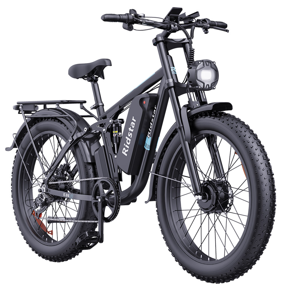 Ridstar E26 Pro Electric Bike, 1000W*2 Motor, 48V 23Ah Battery, 26*4 Inch Fat Tires, 49km/h Max Speed, 75km Range, Dual Hydraulic Brake, Full Suspension, Shimano 7-speed