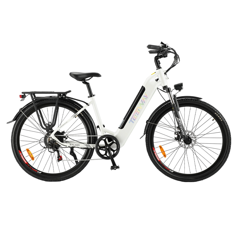 TESWAY WALKER Electric Bike, 250W Motor, 48V 12AH Battery, 27.5*2.4-inch Tires, 25km/h Max Speed, 90km Range, Mechanical Disc Brakes, Hydraulic Suspension Fork, Shimano 7-Speed - White