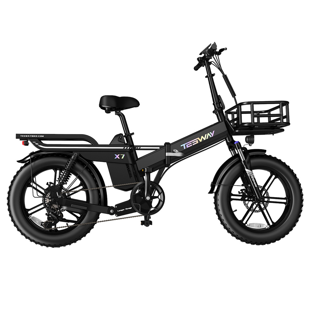 TESWAY X7 Electric Bike, 750W Motor, 48V 25Ah Battery, 20*4.0-inch Tires, 45km/h Max Speed, 130km Range, Mechanical Disc Brakes, Hydraulic Rear Suspension, Lockable Fork Suspension, Shimano 7-speed - Black