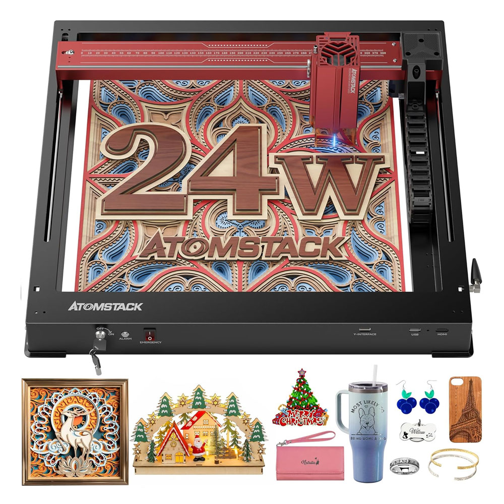 ATOMSTACK A24 Pro 24W Laser Engraver Cutter, Fixed Focus, 0.02mm Engraving Precision, 600mm/s Engraving Speed, 32-bit Motherboard, Cross Laser Positioning, App Control, 365x305mm