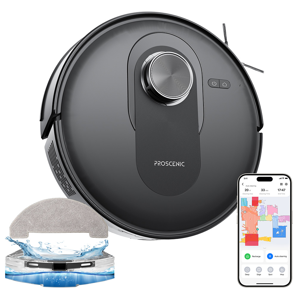 

Proscenic Q8 Robot Vacuum and Mop Combo, 4200 Pa Suction, LiDAR Nav, 200min Runtime, Automatic Self-Charging, APP Control, 350ml Dustbin, 250ml Water Tank, for Indoor Floor, Pet Hair, Carpet