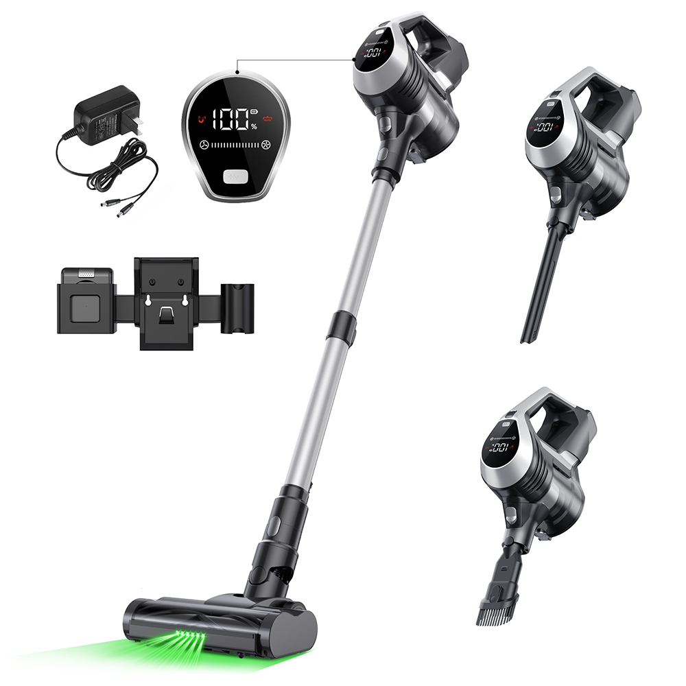 MOOSOO YC1 Cordless Vacuum Cleaner, 12kPa High Suction, Up to 40min Runtinte, LED Display, Multi-Cyclone Filtration System, 0.8L Dustbin, Flexible Swivel Head, Green Light, Ergonomic Telescopic Tube, for Hard Floor Pet Hair Carpet