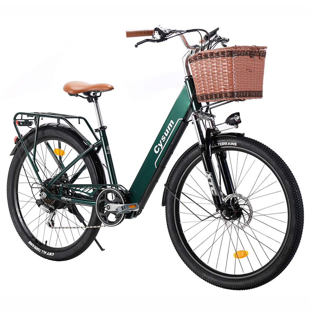 

CYSUM Cityrun-26 Step-Thru Electric City Bike 26 Inch Tire 250W Motor 36V 10Ah Battery 25km/h Max Speed 30-50km Range SHIMANO 7-speed Gear Dual Disc Brake - Green