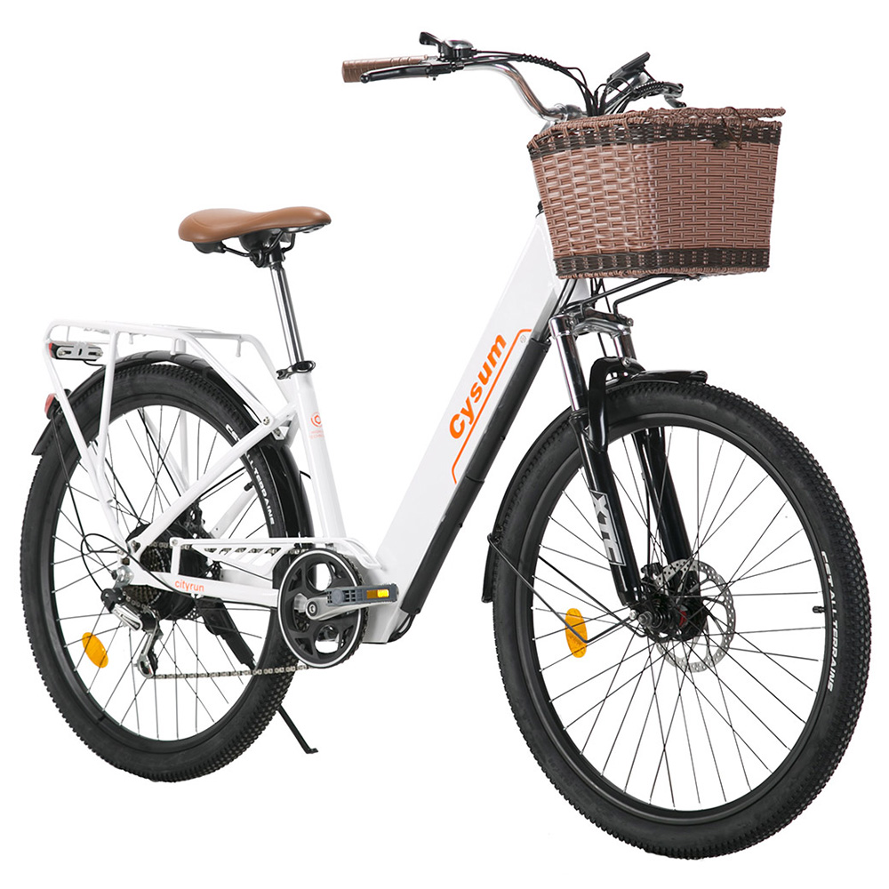 

CYSUM Cityrun-26 Step-Thru Electric City Bike 26 Inch Tire 250W Motor 36V 10Ah Battery 25km/h Max Speed 30-50km Range SHIMANO 7-speed Gear Dual Disc Brake - White