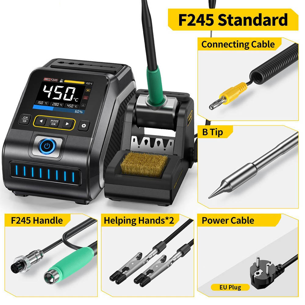 

FNIRSI DWS-200 F245 Standard 200W Digital Soldering Iron Station Kit, with 1 Iron Tip and 2 Helping Hands, Temp Value & Curve Mode, 3 Temperature Storage, Full-Color Display