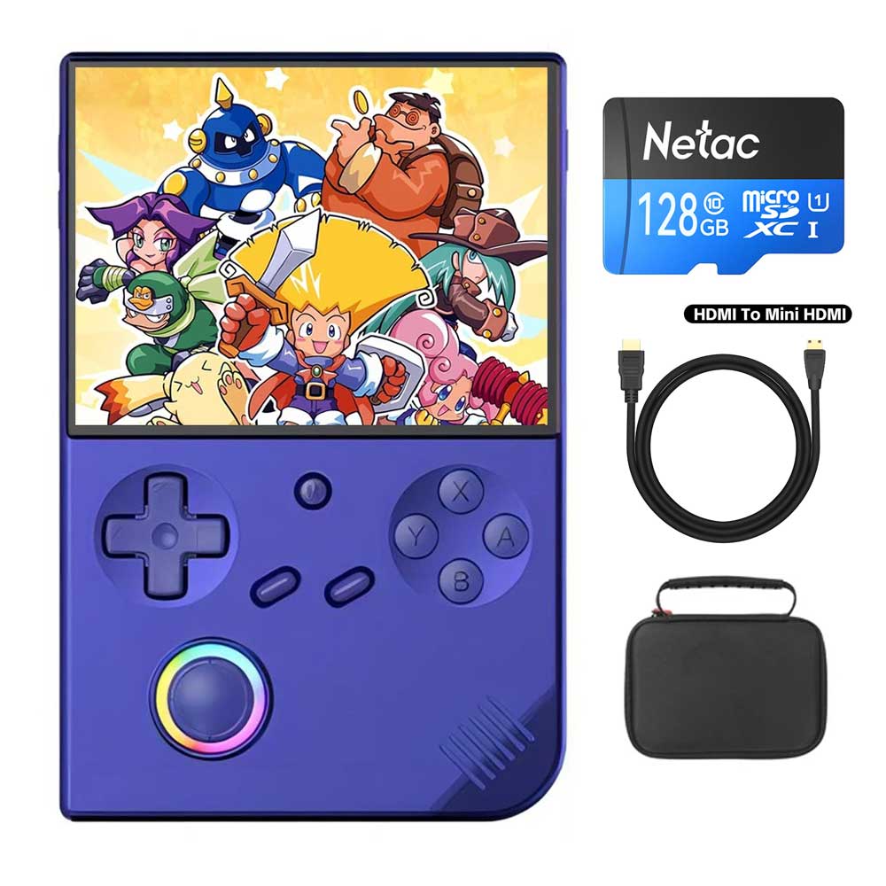 ANBERNIC RG40XXV Game Console 64GB+128GB Netac TF Card + HDMI to Mini HDMI Cable + Protective Bag, 64GB, 4.0in 640*480P IPS Screen, 1GB LPDDR4, ac WiFi, Bluetooth, 30+ Emulators, Moonlight Streaming, 3200mAh Battery, 6 Hours Autonomy - Blue