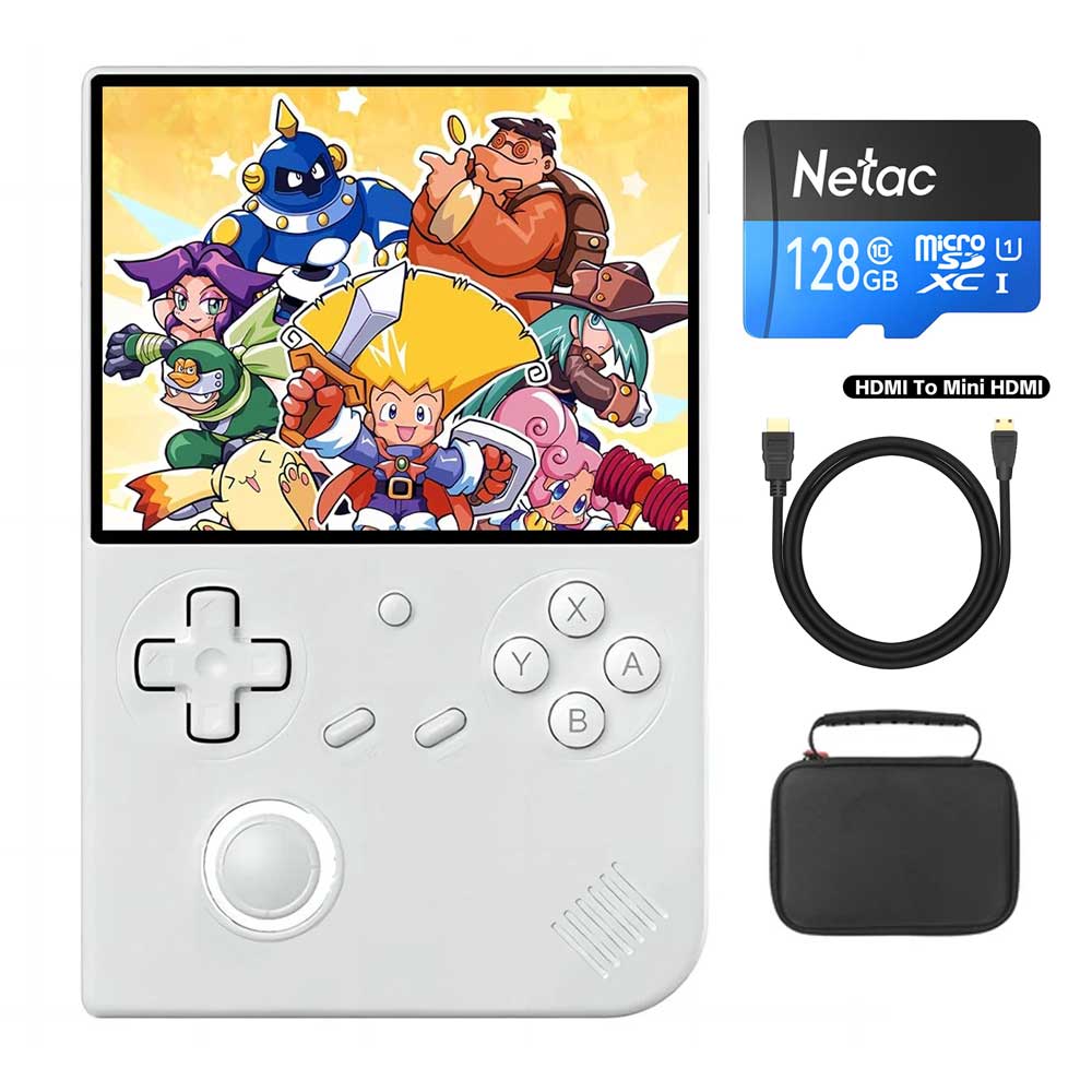 ANBERNIC RG40XXV Game Console 64+128GB Netac TF Card + HDMI to Mini HDMI Cable + Protective Bag, 4.0in 640*480P IPS Screen, 1GB LPDDR4, ac WiFi for Multiplayer, Bluetooth, 30+ Emulators, Moonlight Streaming, 3200mAh Battery, 6 Hours Autonomy - White