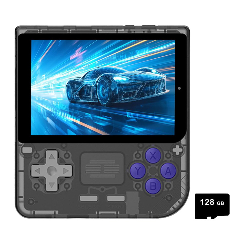 Powkiddy V10 Handheld Game Console, 128GB TF Card 10000+ Games, 3.5-inch IPS Screen, Open Source Linux System, 64-bit 3D Simulators, 8 Hours Autonomy - Transparent Black