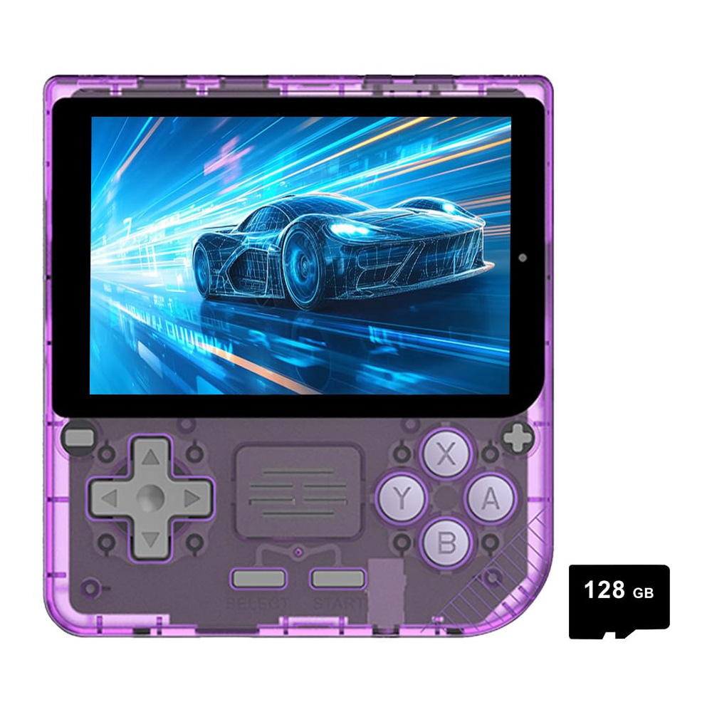 Powkiddy V10 Handheld Game Console, 128GB TF Card 10000+ Games, 3.5-inch IPS Screen, Open Source Linux System, 64-bit 3D Simulators, 8 Hours Autonomy - Transparent Purple