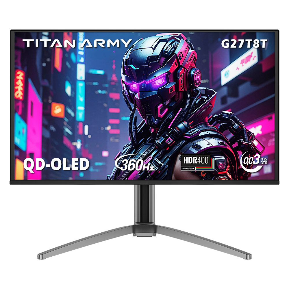 

TITAN ARMY G27T8T Gaming Monitor, 26.5-inch 2560*1440 QD-OLED Screen, 360Hz Refresh Rate, 0.03ms GTG, 1000 nits, HDR 400, Adaptive-Sync, Game Assist, 65W Type-C Charging, Dual Speakers, Ambient Light, 2*HDMI 2.1 1*DP 1.4 1*USB-A 1*USB-B 1*Audio, Gray